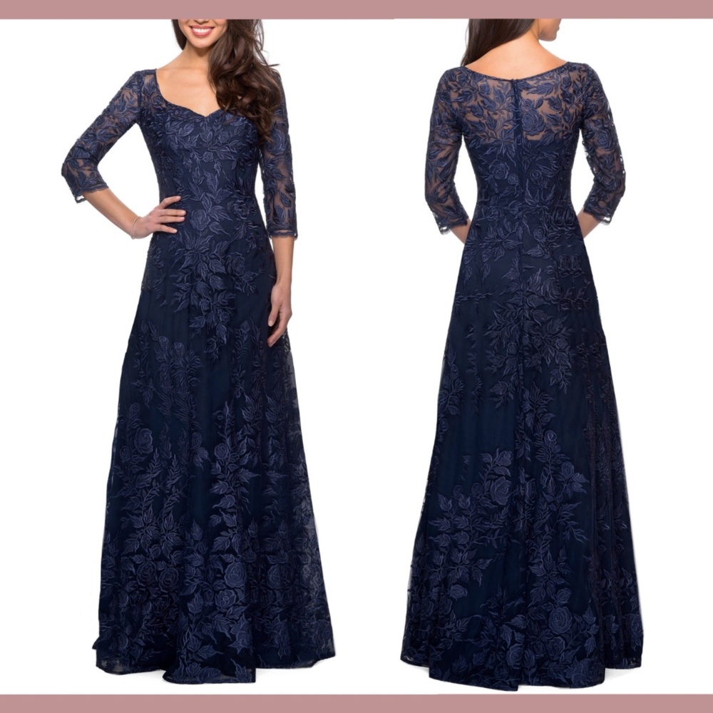 NWT La Femme [ 8 ] Floral Embroidered Mesh A-Line Gown‎ in Navy